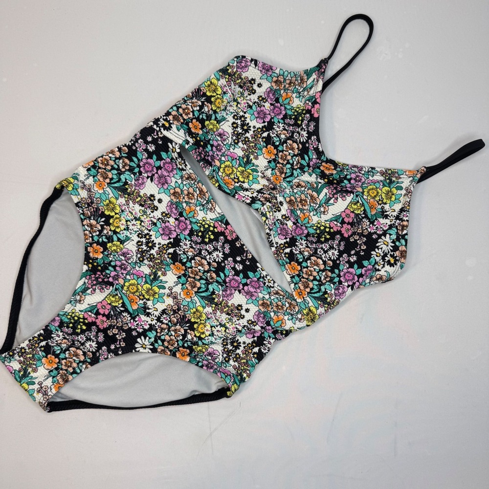 Kids Art Class Floral One Piece Swimsuit Black Multi Color Tropical Size L 10/12